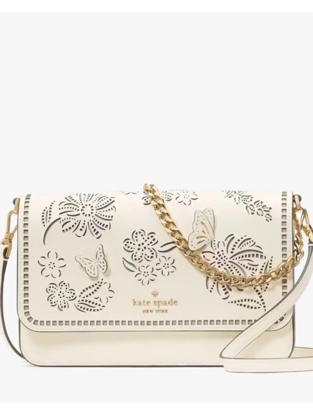 kate spade Cream Floral & Butterfly Cutout Leather Crossbody with Gold Chain